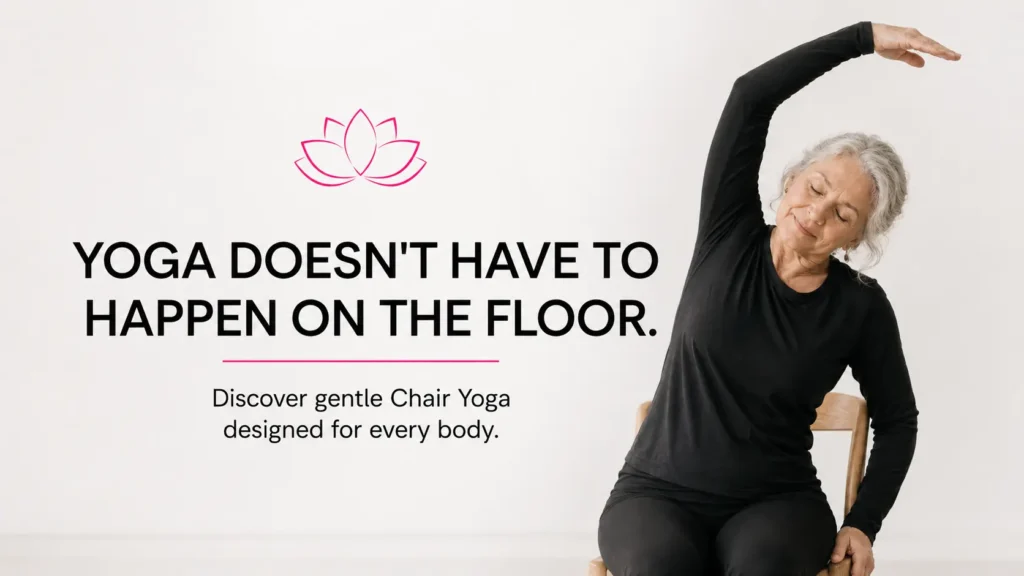 Senior woman performing a seated chair yoga side bend stretch. Gentle chair yoga exercise designed for beginners, seniors, and adults seeking improved flexibility, mobility, posture, balance, relaxation, and overall wellness without needing to practice on the floor.