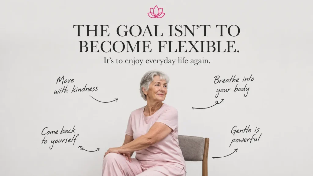 Senior woman practicing a seated chair yoga twist pose in a bright studio. Inspirational chair yoga image promoting gentle movement, flexibility, mobility, mindful breathing, self-care, healthy aging, and improved quality of life for older adults.