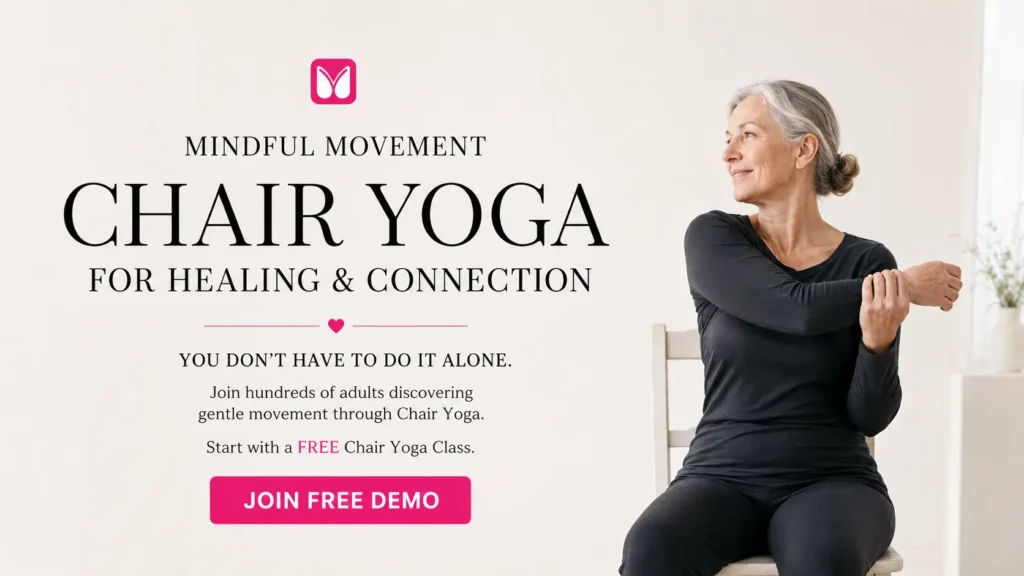 Senior woman practicing a seated chair yoga shoulder stretch in a bright wellness studio. Promotional image for a chair yoga class focused on mindful movement, healing, flexibility, mobility, relaxation, and social connection for older adults.