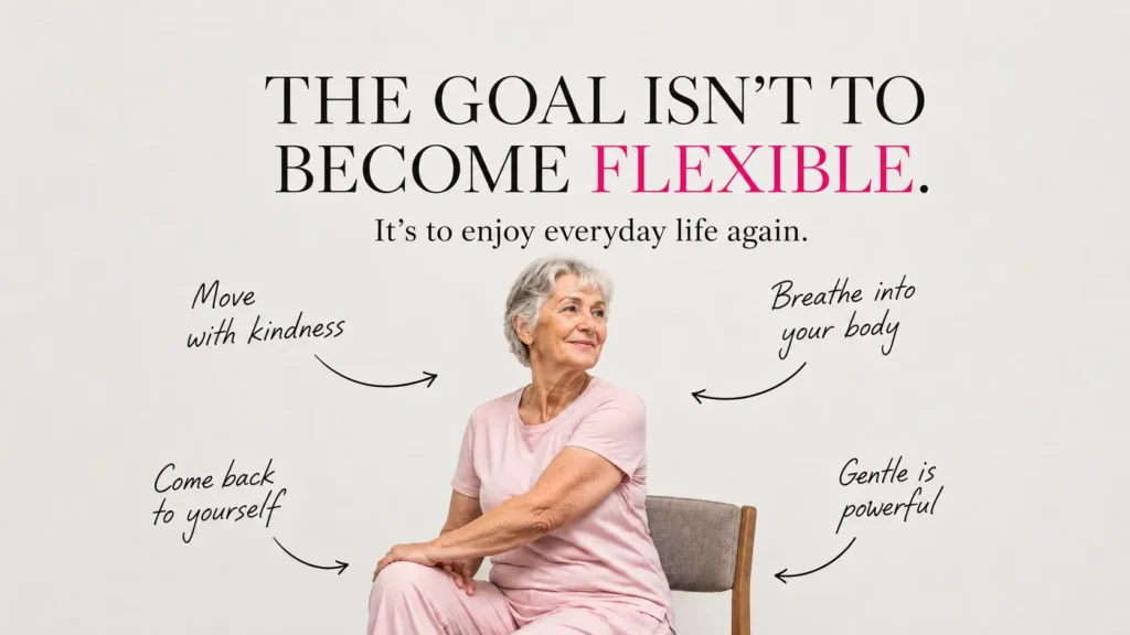 Senior woman practicing gentle Chair Yoga while seated, highlighting mindfulness, self-connection, healing, and everyday well-being. Mindfullyoga Chair Yoga focuses on mindful movement rather than flexibility or performance.