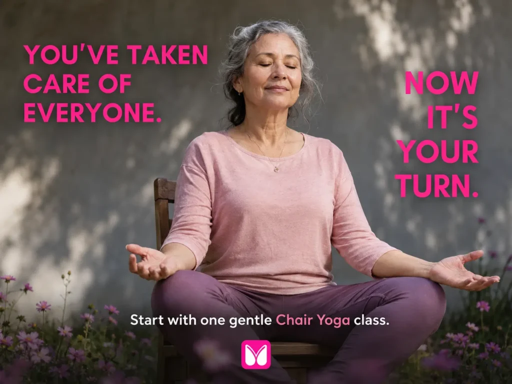 Senior woman practicing mindful chair yoga meditation outdoors in a garden setting. Inspirational wellness image encouraging self-care, relaxation, stress relief, emotional well-being, and healthy aging through gentle chair yoga for older adults.