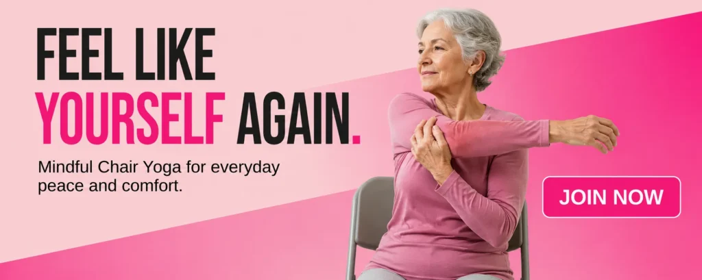 Senior woman practicing Chair Yoga stretches to improve mobility, flexibility, comfort, and overall well-being while aging gracefully.