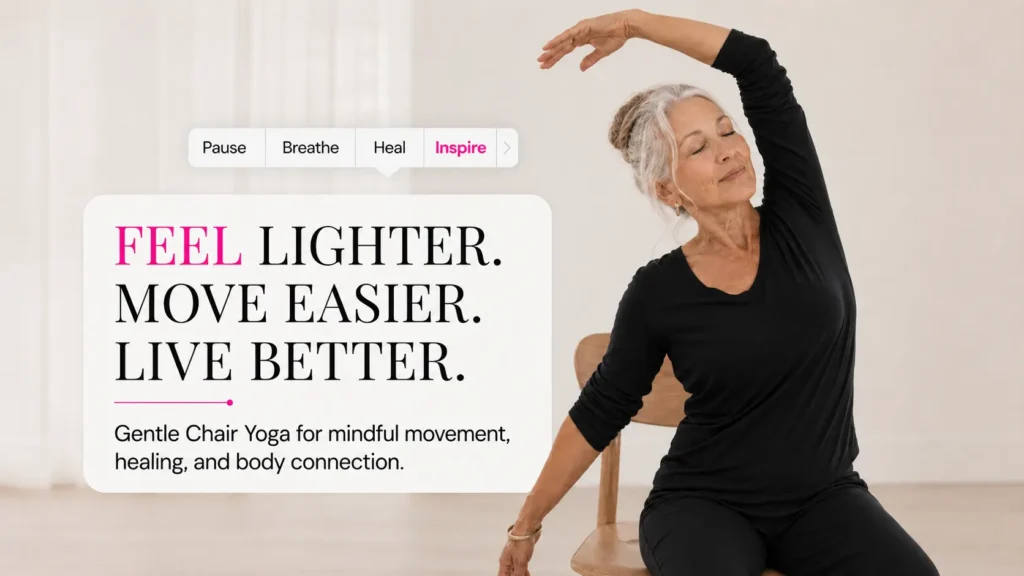 Senior woman practicing gentle chair yoga stretch indoors. Mindful chair yoga for seniors to improve flexibility, mobility, balance, body awareness, and overall well-being.
