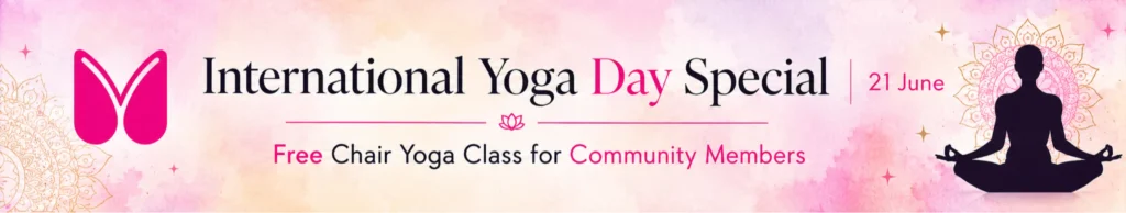 International Yoga Day banner by Mindfullyoga promoting free Chair Yoga classes for community members on 21 June, highlighting gentle movement, mindfulness, emotional wellness, self-care, and mobility support for seniors and beginners.