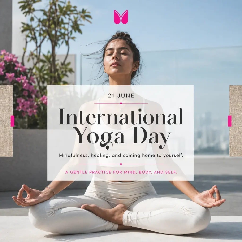 Young woman practicing meditation in a cross-legged yoga pose outdoors on International Yoga Day. Wellness-themed image promoting mindfulness, inner peace, healing, self-care, stress relief, and mind-body balance on June 21.