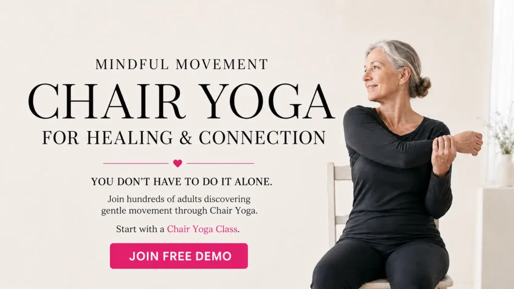 Senior woman practicing mindful Chair Yoga while seated on a chair, promoting healing, connection, self-care, mindfulness, and gentle movement for older adults.