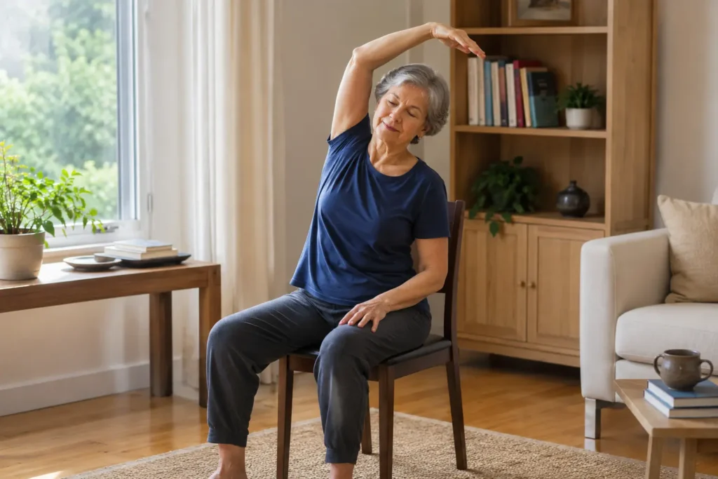 Older woman practicing a gentle seated side stretch on a chair at home
