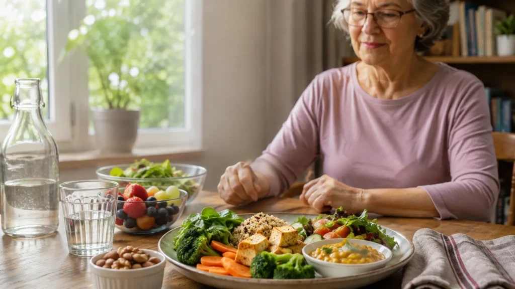 Balanced healthy meal with vegetables, fruit, whole grains, legumes, protein, nuts and water