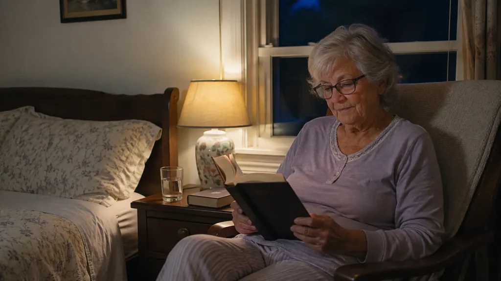 Older woman reading a book during a calm evening routine before sleep