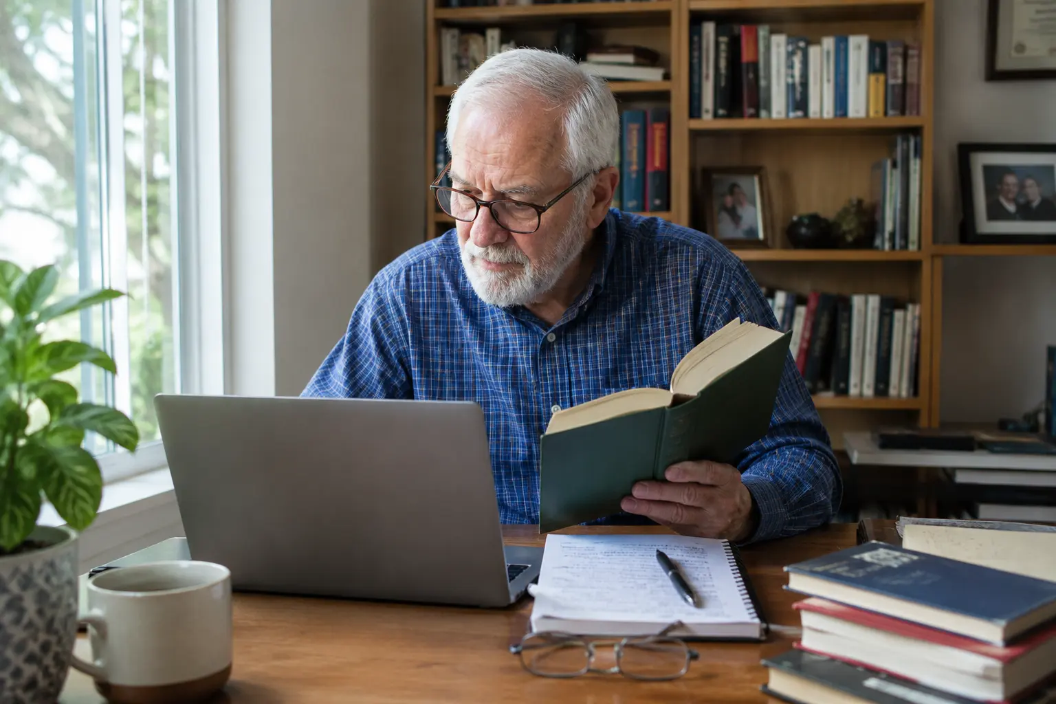 Older man reading and learning with a laptop and notebook at home