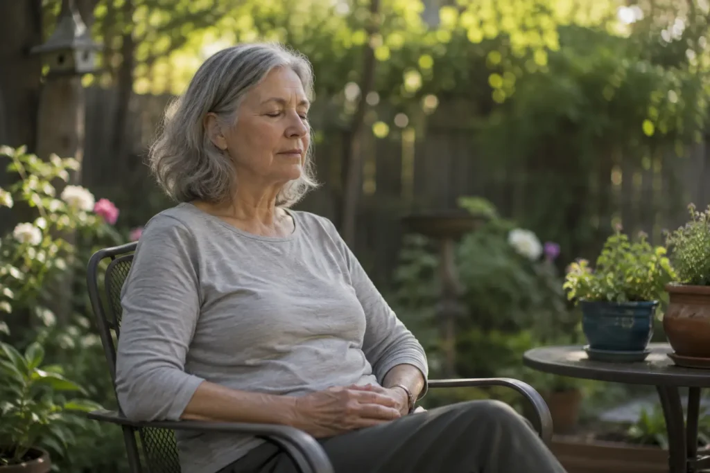 Older woman practicing quiet mindful breathing in a peaceful garden