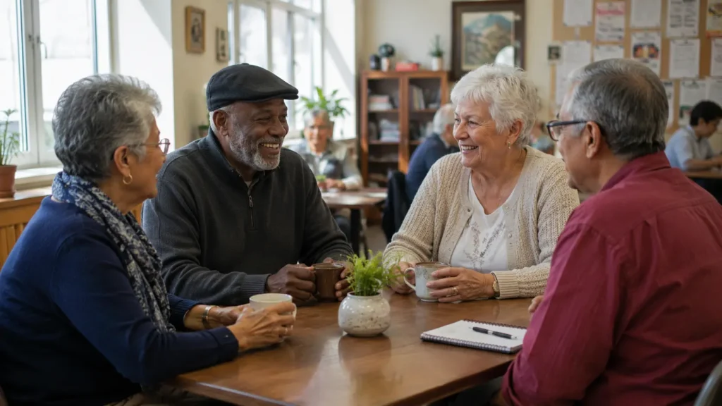 Four older adults talking and sharing tea together in a community setting