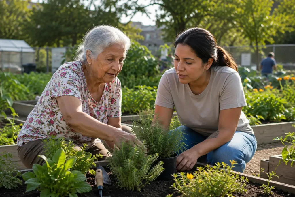 Older woman mentoring a younger adult while gardening in a community garden