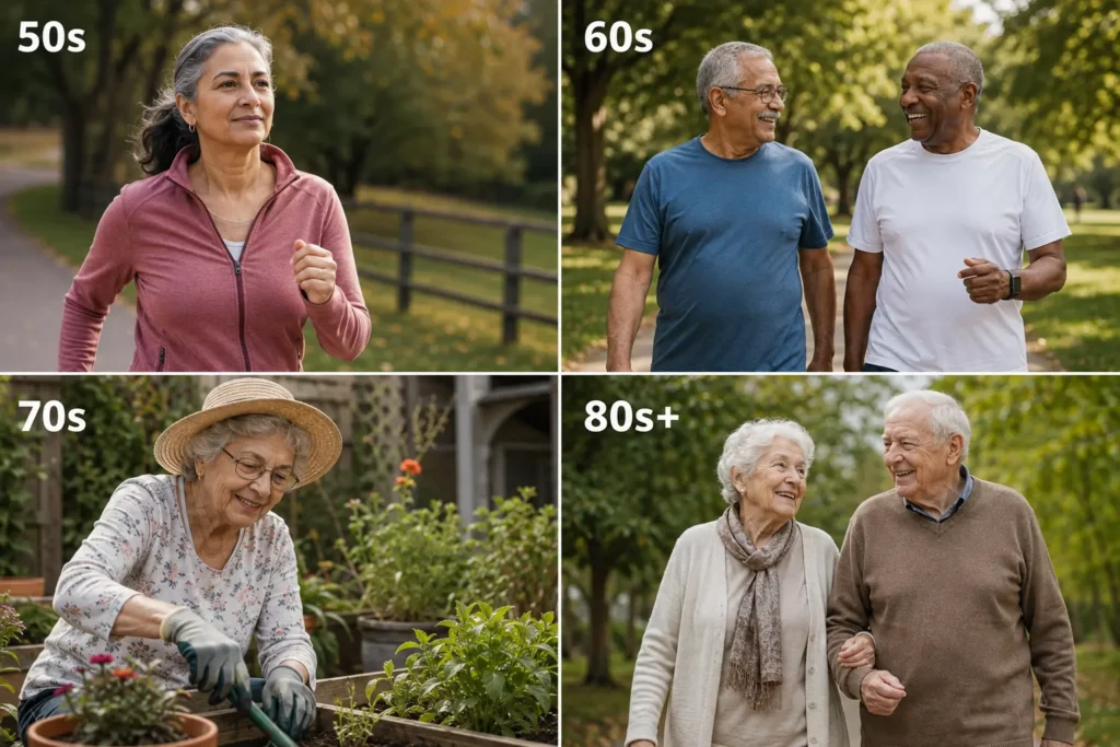 Four-panel collage showing healthy aging activities in the 50s, 60s, 70s and 80s+