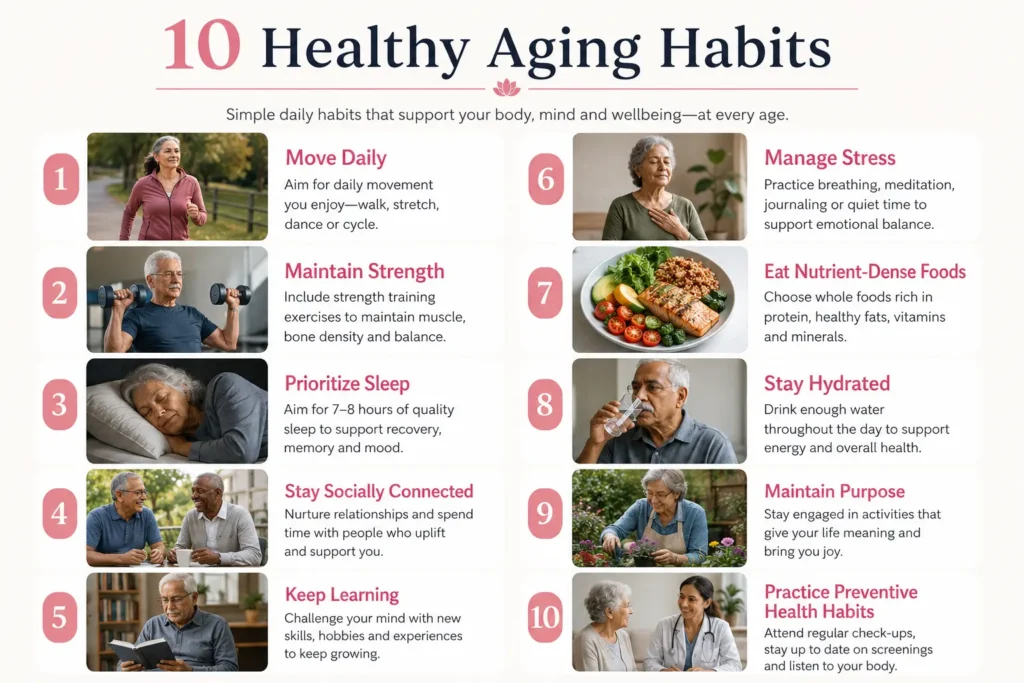 Infographic showing 10 healthy aging habits including movement, strength, sleep, social connection, learning, nutrition and preventive health
