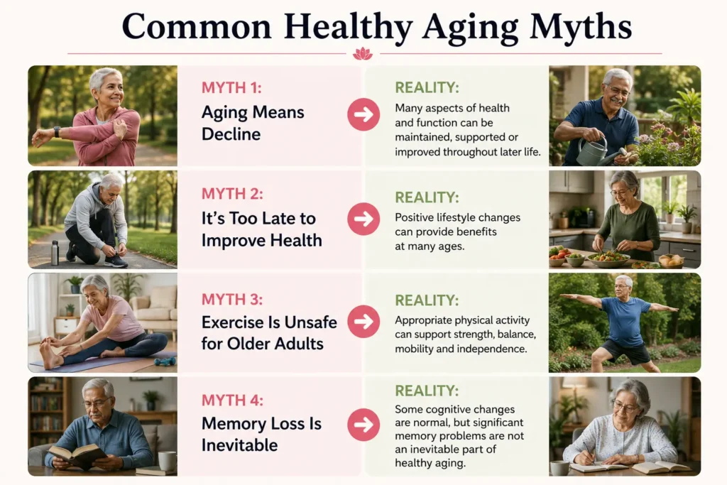 Infographic comparing four common healthy aging myths with evidence-informed realities