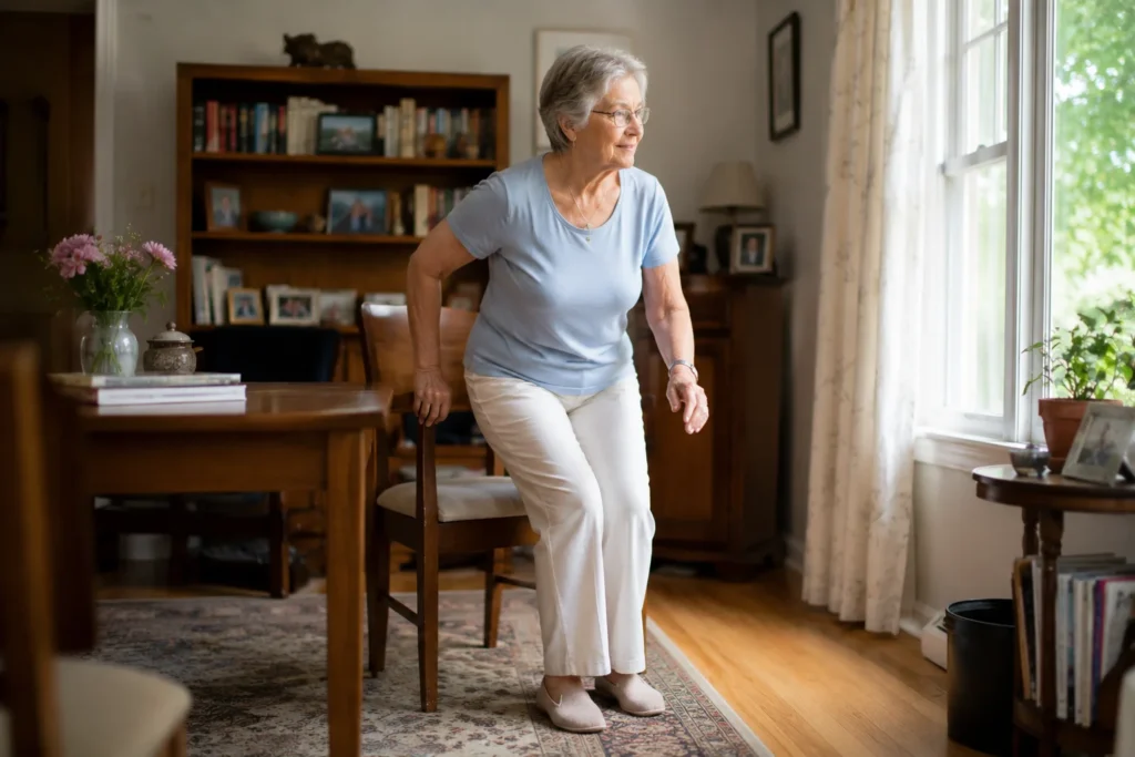 Older woman confidently standing up from a chair at home
