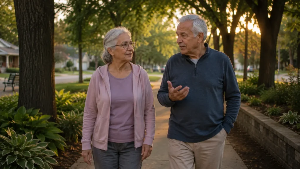 Older couple walking and talking together on a quiet neighborhood path