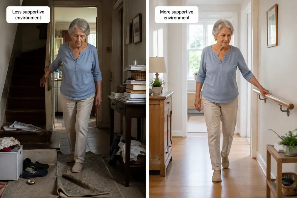 Split-screen comparison of an older woman navigating unsafe and supportive home environments