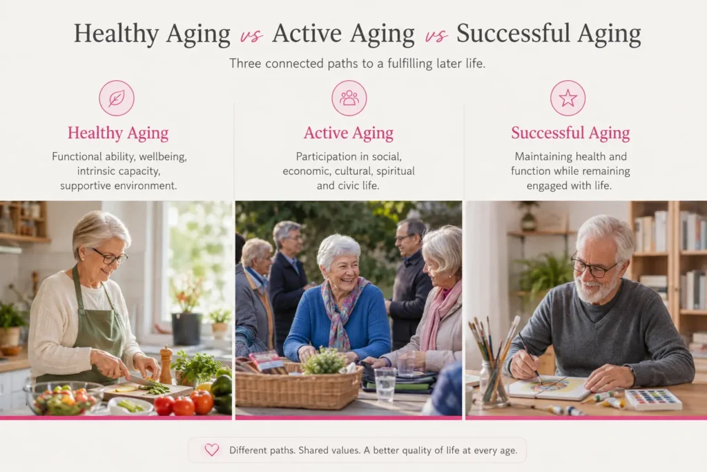 Comparison infographic showing healthy aging, active aging and successful aging