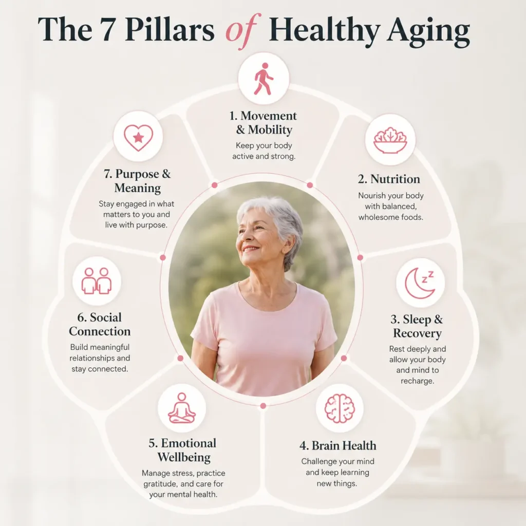 Infographic showing seven pillars of healthy aging: movement, nutrition, sleep, brain health, emotional wellbeing, social connection and purpose