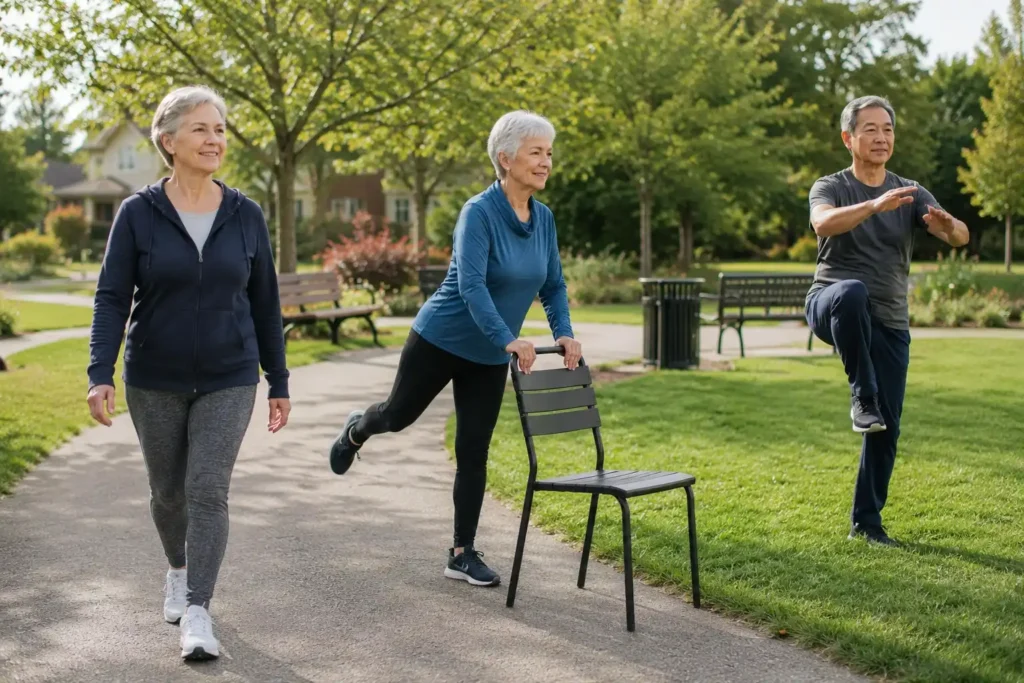Three older adults walking, doing supported strength exercise and practicing balance outdoors