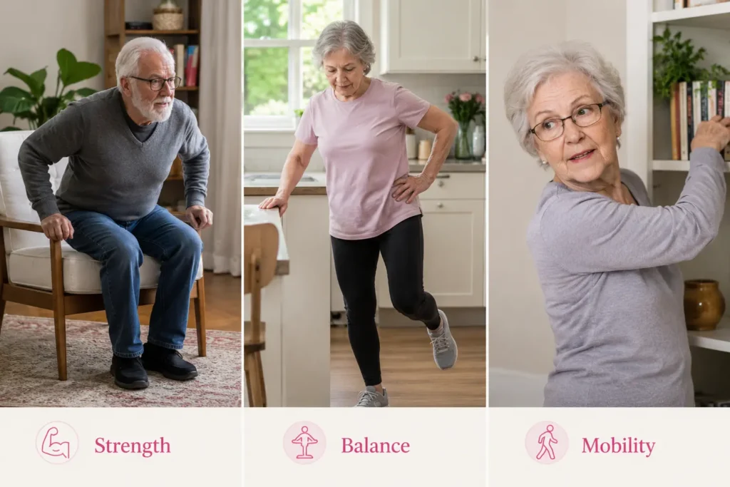 Three-panel image showing older adults demonstrating strength, balance and mobility