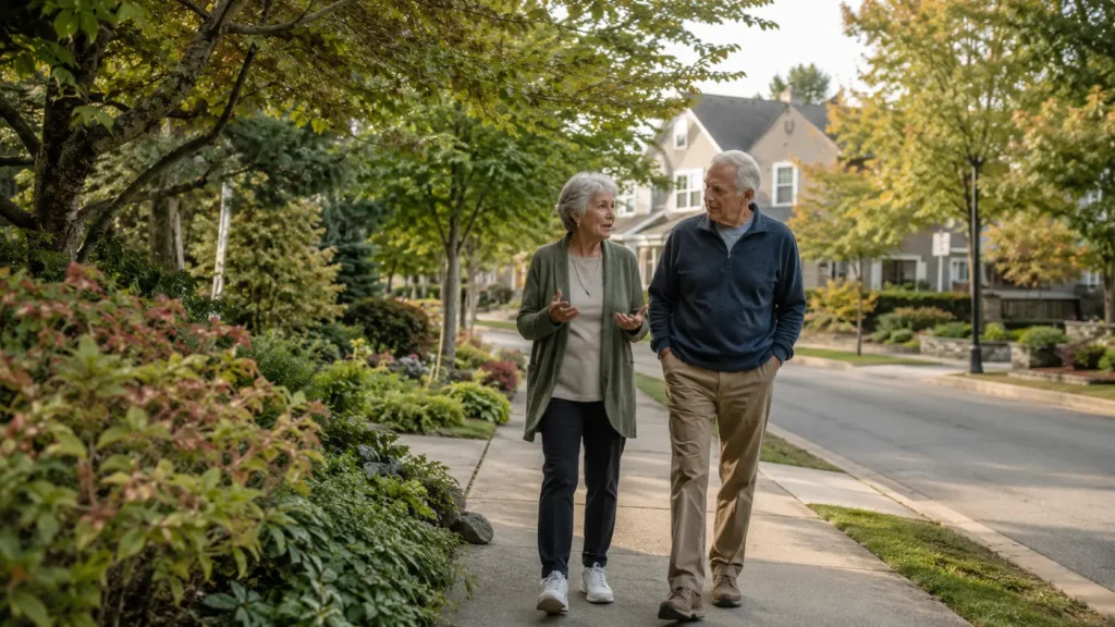 Older couple walking together and talking in a quiet suburban neighborhood