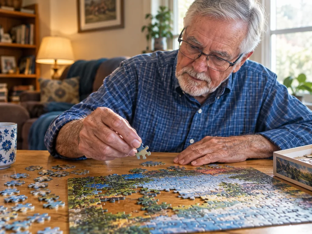 An older man with gray hair and glasses sitting at a wooden table, carefully holding a piece of a jigsaw puzzle over a partially completed puzzle.
