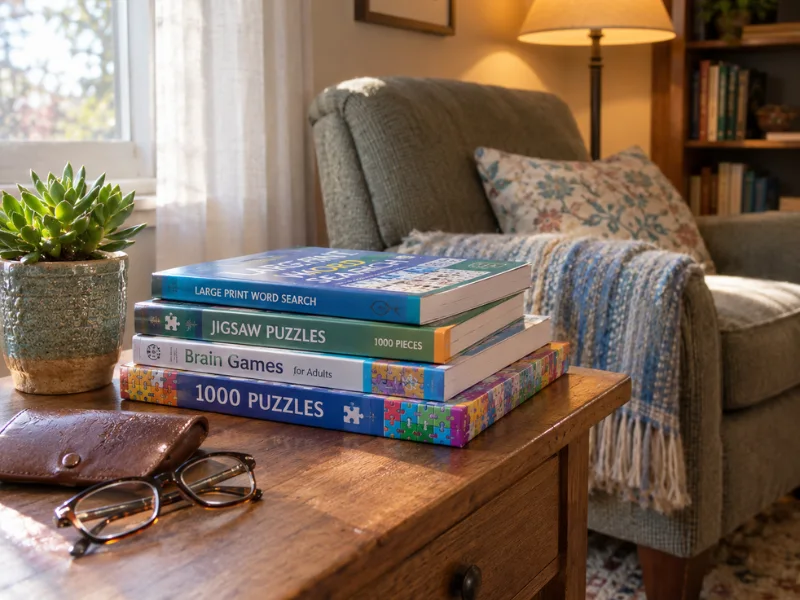 A stack of colorful brain game, word search, and puzzle books resting on a wooden side table next to a potted succulent, a glasses case, and a cozy armchair