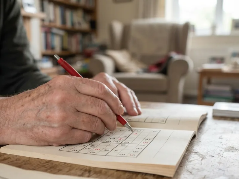 Close-up of an elderly person's hands carefully writing answers in a Sudoku puzzle book.