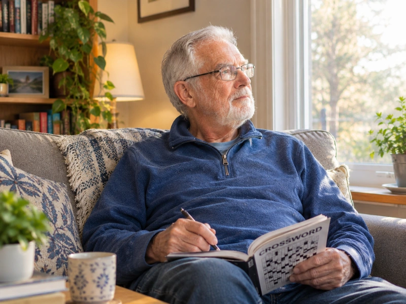 An older man sitting on a couch, holding a crossword book and a pen while looking out a window.