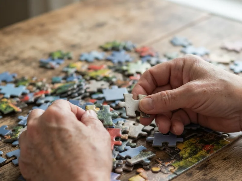 Close-up of an older person's hands sorting and fitting together pieces of a colorful jigsaw puzzle on a wooden table.