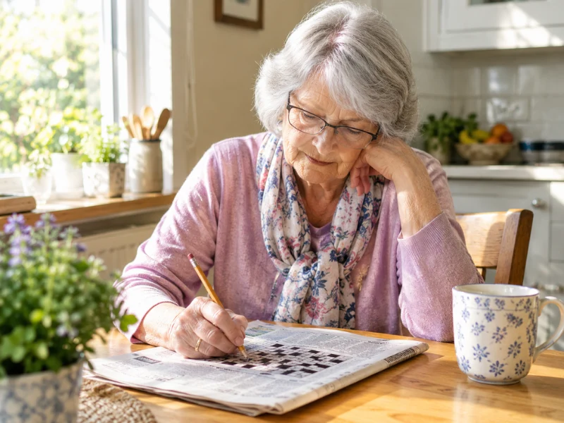 An older woman sitting at a table in a bright kitchen, deeply focused on solving a crossword puzzle in a newspaper.