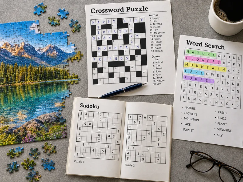 A flat-lay arrangement showing a partially completed jigsaw puzzle, an open Sudoku book, a filled-out crossword puzzle, a word search sheet, and a cup of coffee.