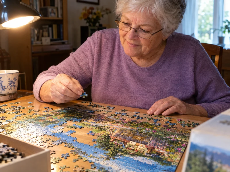 An older woman sitting at a well-lit desk, placing a piece into a large, complex jigsaw puzzle.