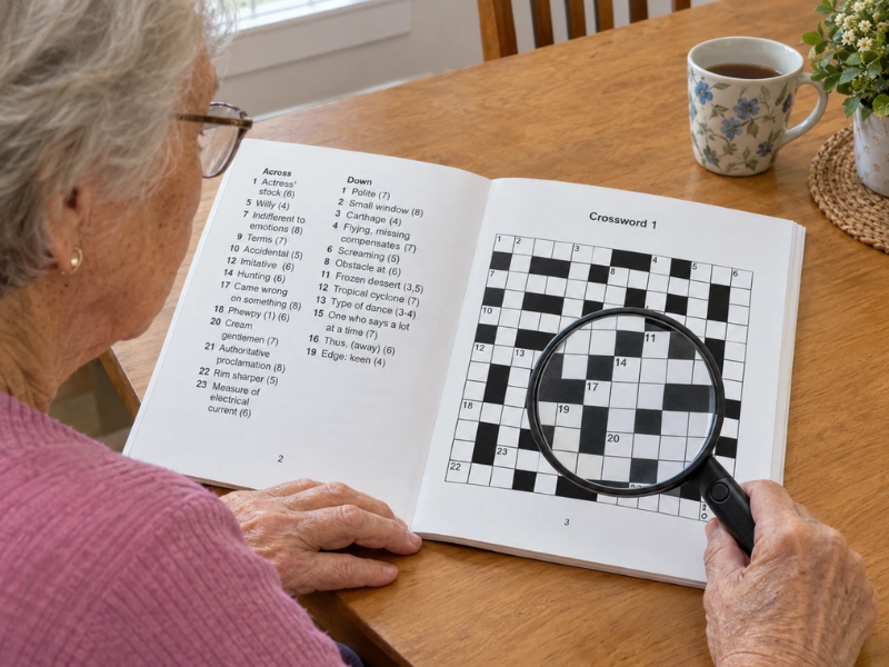 An older woman holding a magnifying glass over a large-print crossword puzzle book to read the clues clearly.