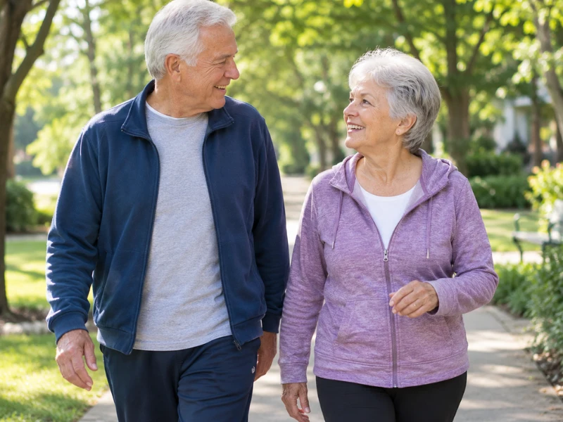 An older couple smiling and talking while taking a brisk, healthy walk together along a path lined with trees.