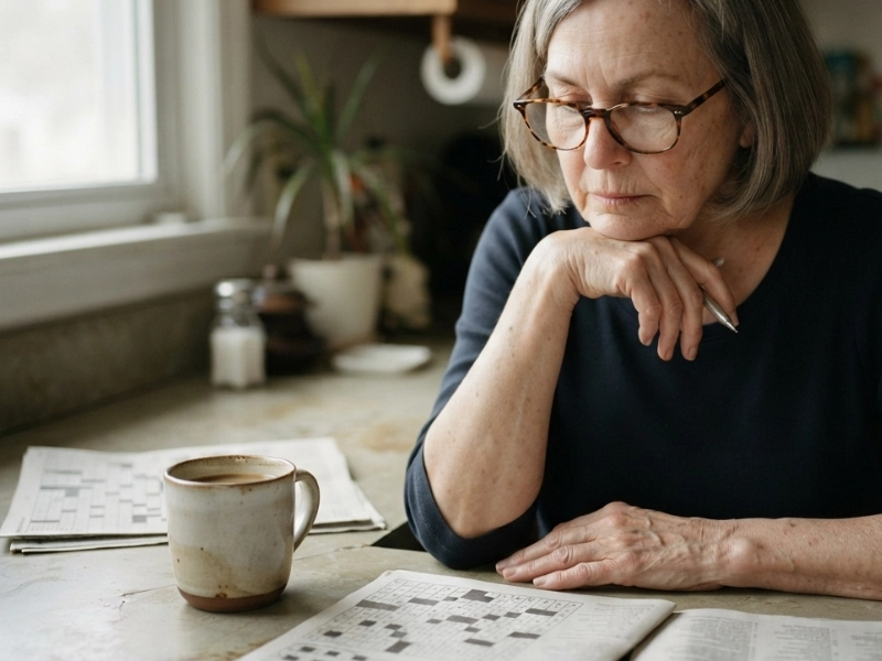 An older woman resting her chin on her hand while looking down thoughtfully at a crossword puzzle book on a kitchen counter with a cup of coffee nearby.