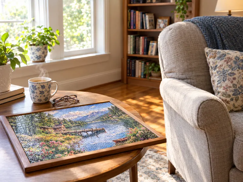 A completed jigsaw puzzle in a wooden frame placed on a coffee table next to a steaming mug of tea, a pair of glasses, and a cozy armchair.