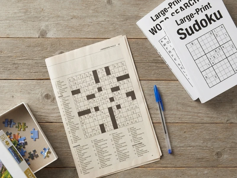 A flat-lay view of a wooden surface containing a crossword puzzle newspaper, stacked books for large-print word search and sudoku, a blue pen, and an open box of jigsaw pieces.