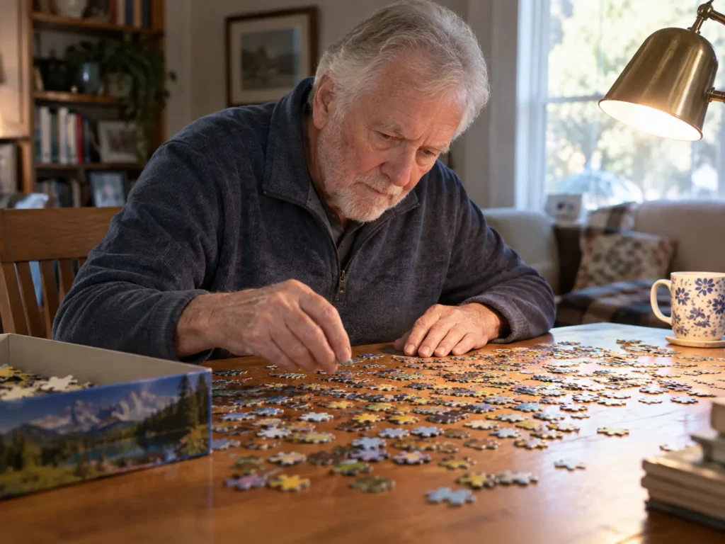 An older man leaning over a wooden dining table, intently sorting through hundreds of scattered jigsaw puzzle pieces next to an open puzzle box.