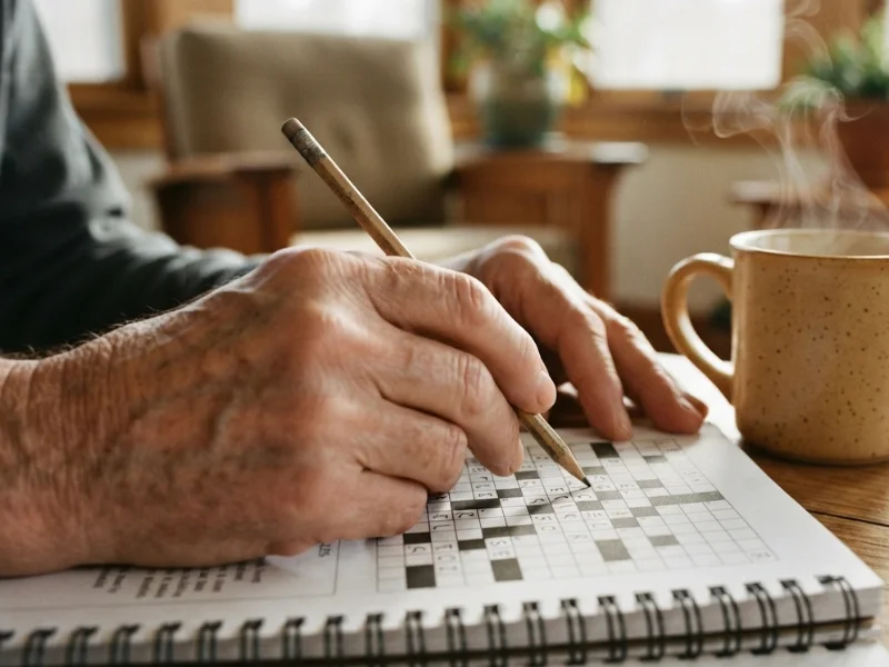 Close-up of an older person's hands holding a pencil to fill out answers in a spiral-bound crossword puzzle book next to a steaming mug.