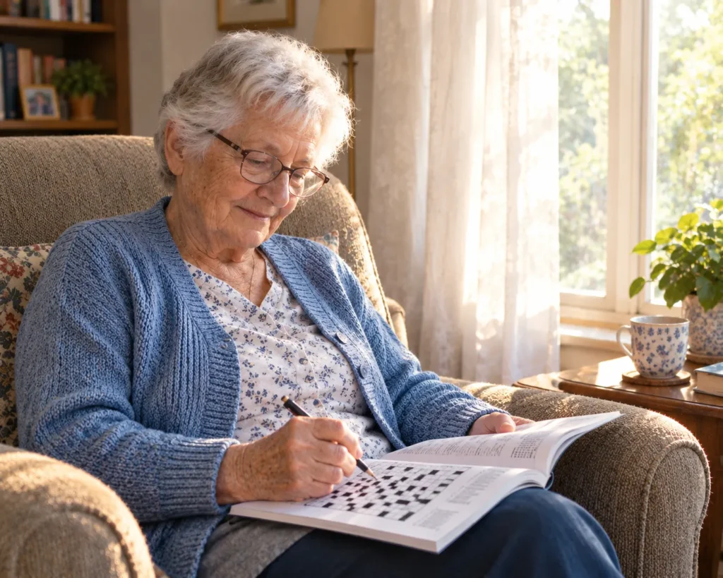 An older woman sitting comfortably in a cozy armchair by a sunlit window, smiling while writing in a crossword puzzle book