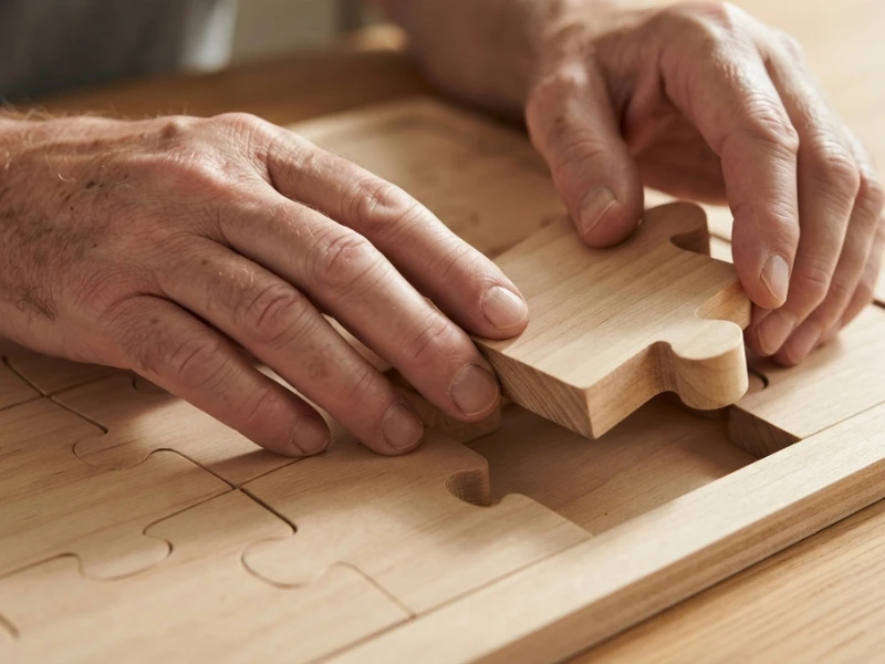 Close-up of an older person's hands carefully fitting a wooden puzzle piece into a matching slot on a wooden board.