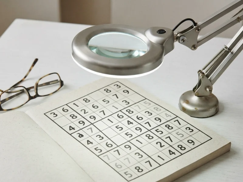 A magnifying desk lamp illuminating a large-print Sudoku puzzle book open on a white table, with a pair of reading glasses nearby.