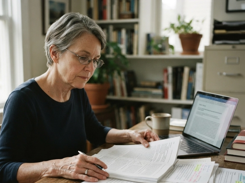 An older woman sitting at a wooden desk reviewing research papers and documents with a laptop open nearby.