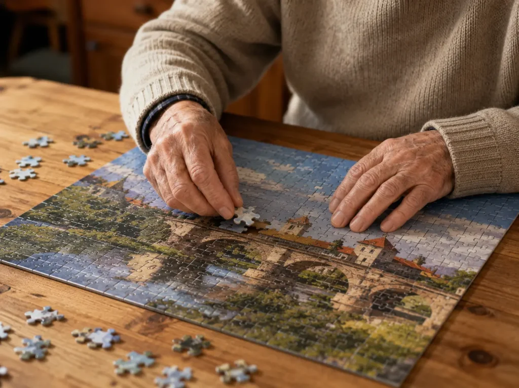Older adult placing a jigsaw puzzle piece on a completed landscape puzzle