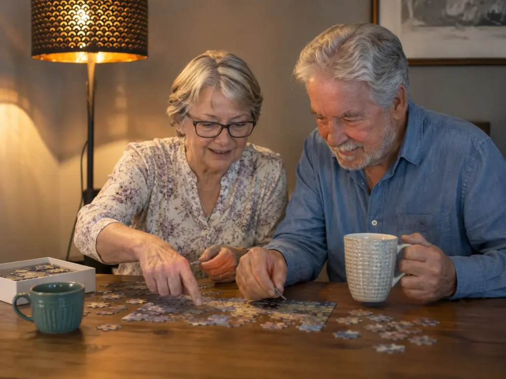 Older couple enjoying a jigsaw puzzle together with coffee at home