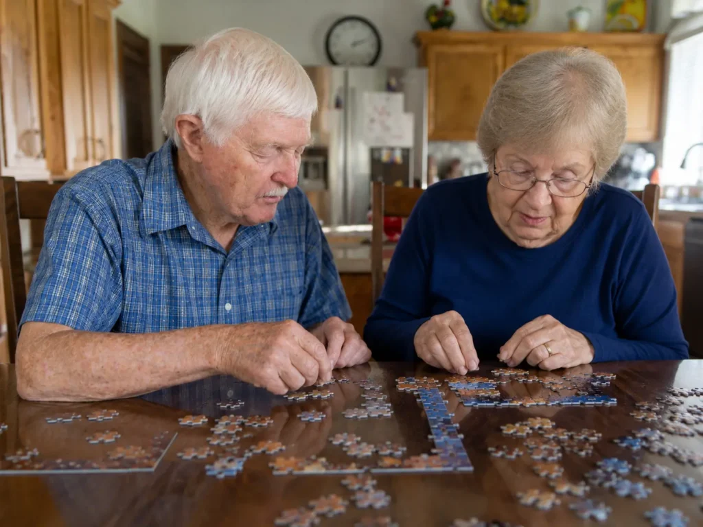 Older couple working on a jigsaw puzzle together, highlighting the Benefits of Playing Puzzles for Older Adults by combining mental engagement with social connection.